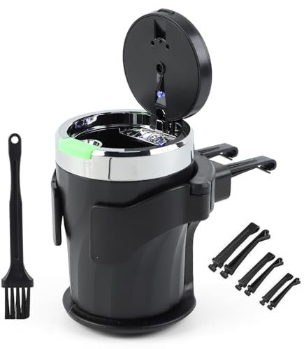 Geoyien Car Ashtray with Lid, Odour-Proof, with Holder and Cleaning Brush, Automatic LED Light, Sealed, Flame Retardant, Large Capacity
