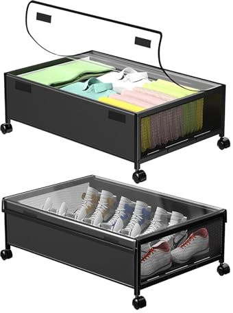 Contenitori portaoggetti sottoletto da 2 Pezzi con Ruote - Contenitori portaoggetti sottoletto - Cassetto portaoggetti sottoletto - Organizzatore per Vestiti, Coperte, Scarpe,Nero