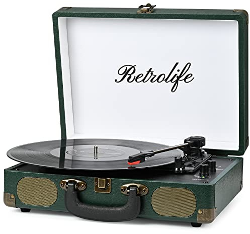 Tocadiscos de Vinilo Portátil con Correa de 3 Velocidades 33/45/78 RPM Bluetooth con Altavoces Incorporados Salida de Línea RCA Entrada AUX para Auriculares Tocadiscos Vintage