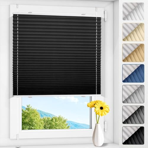 Allesin Plissee ohne Bohren Verdunkelung Klemmfix, Thermo Plisseerollo Schwarz 85x130cm(BxH), Verdunklungsplissee 100% verdunkelnd & lichtundurchlässig für Fenster & Tür, Sichtschutz & Sonnenschutz