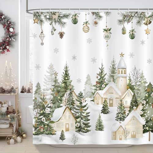 COZZSNUGE Cortina de Ducha Navidad en la Granja, Cortina de Baño Cabaña Nevada en un Pueblo Navideño Invierno 180 x 180 cm Poliéster Impermeable Resistente al Moho con 12 Ganchos