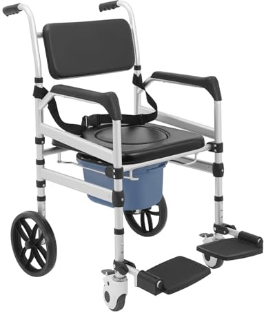Silla de inodoro móvil con rueda, silla de ruedas de cuidado profesional, silla de ruedas plegable, altura del asiento ajustable, marco de aleación de aluminio, silla de inodoro con cinturón de