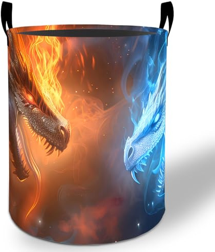 Dragon Laundry Basket Hamper 19.7x15.8, Fire and Ice Fantasy Foldable Waterproof Oxford Clothes Storage Bucket for Room Bathroom Bedroom Nursery Decor, Toy Organizer Bins Gifts for Kids Boys Girls