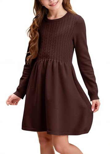 Haloumoning Vestido de jersey de manga larga para niña, vestido de punto con patrón trenzado, línea A, vestido informal para otoño, elegante, vestido de fiesta, vestido de invierno, marrón, 4-6 años