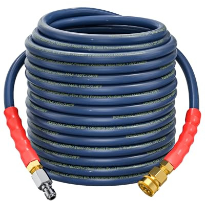 3/8'' Pressure Washer Hose 50FT Non Marking 4800psi with Quick Connect, Power Washing Hose Kink Resistant Steel Wire Braided, Upgraded 4-Layer Structure Commercial&Home Use for Clean Car Yard Garden