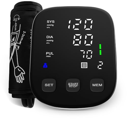 Tensiómetro de Brazo Digital Automático, Monitor de Presión Arterial con Pantalla LCD Grande, 2x120 Memoria Dual, Detección de Arritmia, Brazalete 22-42cm, Alimentación USB Tipo-C/Batería