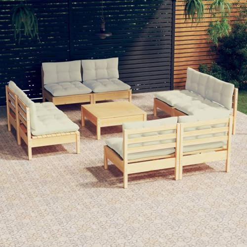 Hem 9 delar. Trädgårdsloungeset med grädde kuddar i furu, trädgårdssofagarnitur, balkongmöbelset, trädgårdsmöbelset underhållningsset, balkong soffa lounge lämplig för trädgårdar terrasser