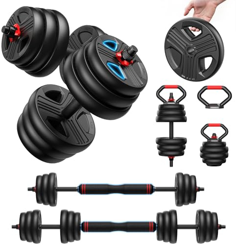 FEIERDUN 10/15/20/25/30/40KG 5-i-1 Justerbar Hantlar, Set om 2 | Hemmagym Viktset Skivstång, Kettlebell och Armhävningsställ för Helkroppsträning, Styrketräning för Män och Kvinnor