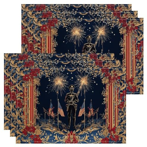 Set di 6 tovagliette all'americana con fuochi d'artificio, eleganti tovagliette decorative vintage per tavolo da pranzo, vacanze, antiscivolo, lavabili, per interni ed esterni, cucina, feste, colore