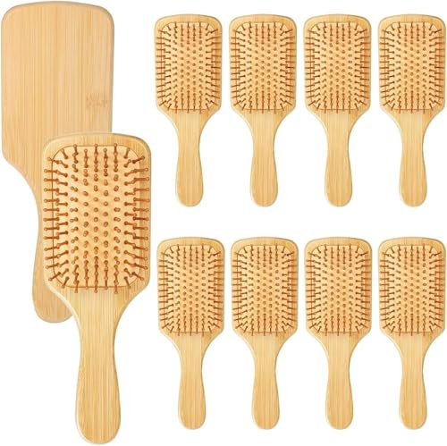 10 spazzole per capelli in bambù, setole rotonde in bambù, spazzola districante leggera e antistatica, per donne, uomini e bambini, stimola la crescita del cuoio capelluto per la crescita dei capelli
