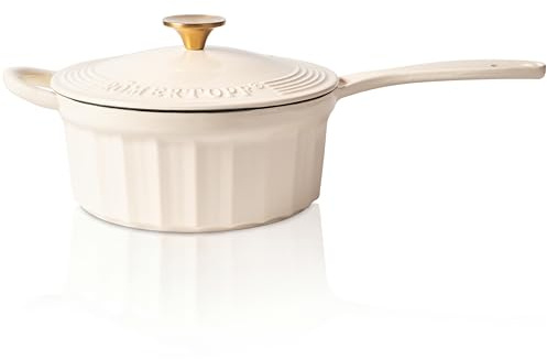 Römergryta gjutjärn kastrull med lock 22 cm – kastrull emaljbeläggning, alla typer av spisar inklusive induktion, ugnssäker 250 °C, för såser risotto fondue, PFAS-fri, kräm