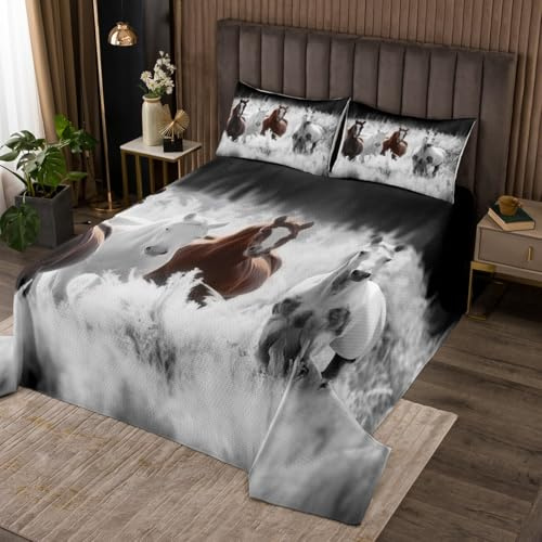 Brown Horse Bedspread Western Cowboy Bedding Set Exotic Farm Animals Coverlet Set for Kids Teen Boys Adults Horses Wildlife Rustic Country Bed Cover with 2 Pillow Cases King Size White