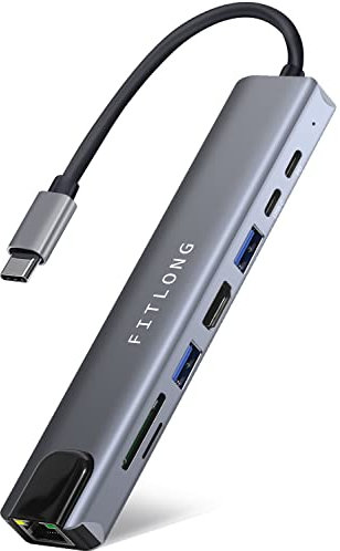FITLONG Hub USB C, Adattatore MacBook Air/Pro M1, Docking Station adattatore con HDTV 4K, LAN Ethernet, PD 100W, USB-C e 2 porte dati USB-A, Lector SD/TF, e altri dispositivi