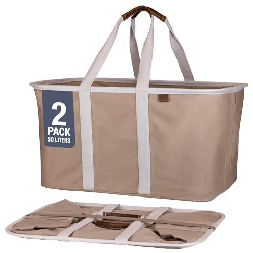CleverMade Collapsible Laundry Tote 2-Pack (50L) – Foldable Carry-All Storage Bin for Laundry, Car Trunk, RV, Dorm & Home Organization – LUXE Cotton Blend with Vegan Leather Accents, Mocha