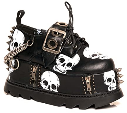 Lamoda Maniac Black PU Skull Chunky Platform Wedge Shoes - Gothic Punk Alternative Y2K Footwear with Oversized Sole, Bold Festival Statement Creeper Style UK6