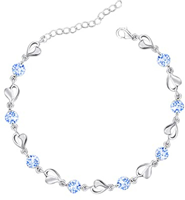 Luckimoli Silver Bracelet for Women,925 Silver Heart Bracelet Shiny Crystal Diamond Adjustable Bracelet Mother's Day Jewelry Gift Birthday Christmas Gifts for Women Mom Wife Girls, Blue