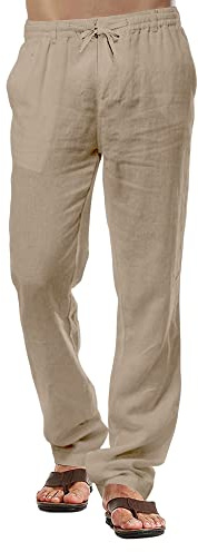 CTU Pantalons Homme Lin Coton Casual Été Plage Pantalon Cordon Kaki L 38 inches