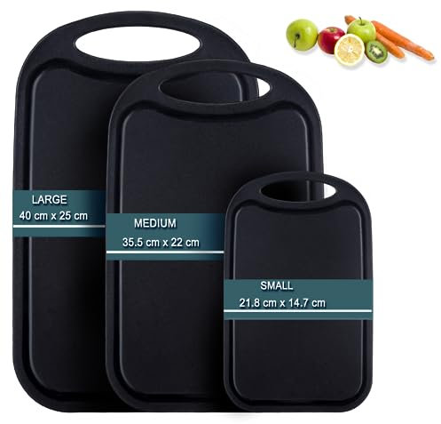 Tagliere da cucina, Hunnycook Set di 3 Tagliere con scanalature per il succo e manici antiscivolo, senza BPA, lavabili in lavastoviglie (nero)
