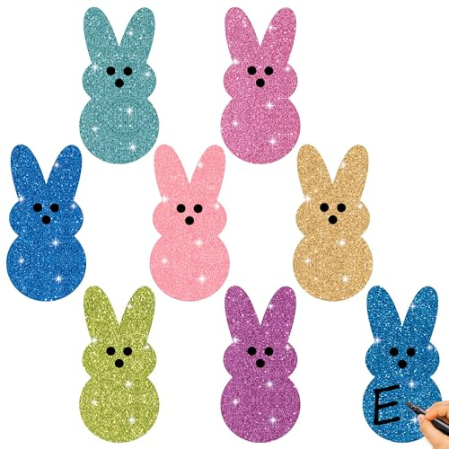 100Pcs Easter Glitter Bunny Cutouts Colorful Rabbit Paper Cutouts Spring Bunny Peeps Paper Die Cut with Glue Points for Kids Party Classroom Office Bulletin Board Decorations Craft Projects Supplies