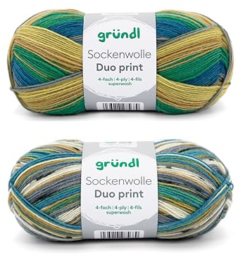 Gründl Juego de 2 ovillos de 100 g de hilo para calcetines (75% lana virgen (superwash), 25% poliamida) + instrucciones (idioma español no garantizado), color azul oliva