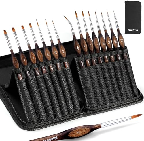 Nicpro Pinceles Miniaturas- 15 Pinceles para Modelismo con Estuche de Nailon para Acrílico, Óleo, Acuarela, Pincel para Microdetalle para Modelismo, Pintura en Miniatura, Detallado Fino