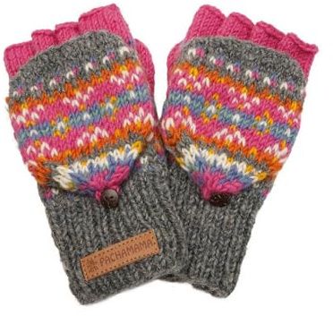 Pachamama kvinnor ull fingerlösa handske vantar handstickade traditionella Fairisle-färgglada en storlek handgjorda extra varm rättvis handel, Rosa, en storlek