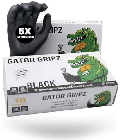TG TOUGH GLOVE Gator Gripz Nitrile Gloves (Pack Of 50) | Diamond Texture Black Disposable | Powder & Latex Free | Strong Heavy-Duty | L