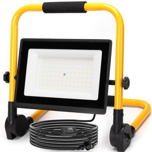 Aigostar Foco de Trabajo LED 100W,Foco LED Portátil con Cable de 4M,Enchufes Con Interruptor Estanco,9000LM,IP65 Impermeable,Soporte plegable,Uso en Interior y Exterior,para Obra, Taller,6500K