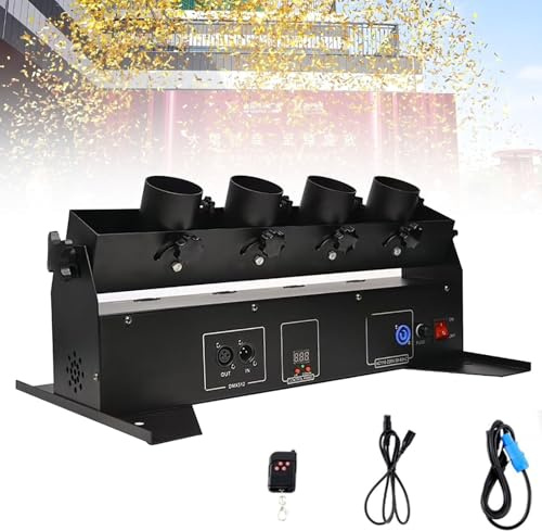 Lanzador de confeti eléctrico, máquina de confeti de 4 disparos con DMX inalámbrico y control remoto, cañón de confeti for bodas, discotecas, espectáculos, clubes, escenarios y fiestas.