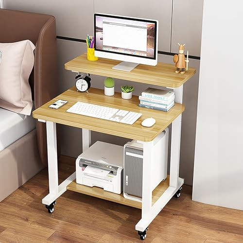 JYBNBBE 3-stufiger Computertisch mit Rollen und Monitorständer, mobiler Kleiner Laptoptisch mit Ablageflächen für kleine Räume, helles Walnuss-Finish, kompaktes Design