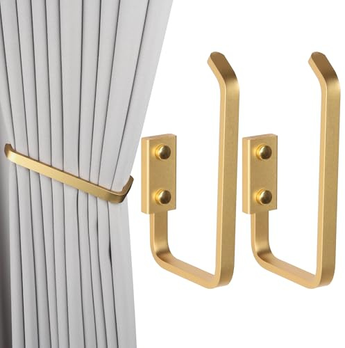 Groleca Set of 2 Modern Decorative Curtain Tiebacks and Holdbacks, Wall Mounted Aluminum Alloy Drapery Tiebacks Holder for Bedroom, Living Room, Kitchen Includes Screws (2, Gold)