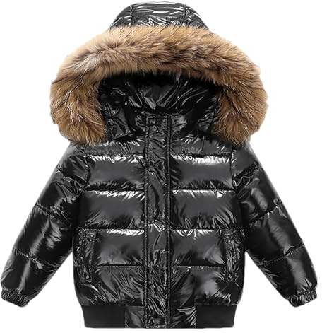 amropi Bambine e Ragazze Cappotto di Piumino Invernale Lucido Giacca con Cappuccio in Pelliccia Caldo Capispalla Nero,12-13 Anni