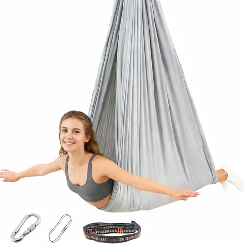 Aerial Yoga Hängematte Set, Aerial Yoga Swing Hammock Schaukel bis 200 kg, Mit Montageset & Anleitung, Indoor & Outdoor Anti-Gravity Training (Silbergrau, 150×280 cm)