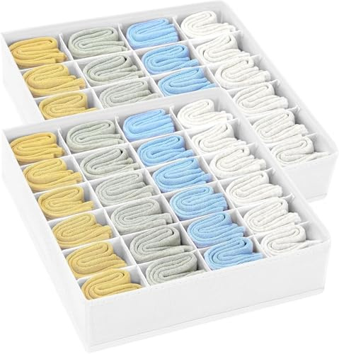 DIMJ Organizador Cajones - Juego de 2 Cajas de Almacenaje Plegables de Tela No Tejida, 48 Celdas (2 x 24) Organizadores para Cajones de Ropa Interior, 30 x 30 x 9 cm, para Armario, Calcetines, Blanco