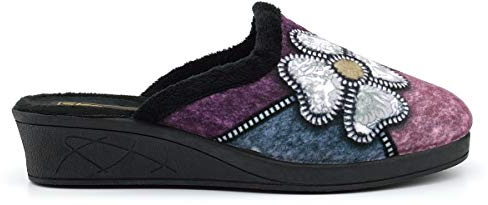 Sleepers Kimberly Womens Mule Slippers with Low Wedge Heel Black/Purple/Blue 4 UK