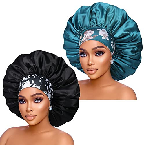 Isshin Beauty Women's Extra Large Silk Satin Bonnets: 2pcs 17inch Diameter Jumbo Sleeping Caps with Comfortable Flower Band - High Density Satin Bonnets for Women Braids Curly Night Cap (Black & Teal)