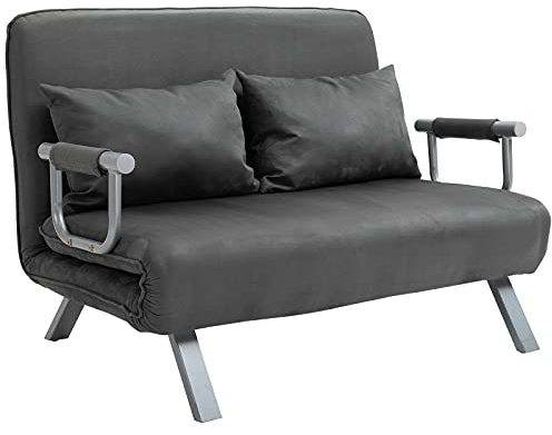HOMCOM Divano Letto 2 Posti 3 in 1 in Pelle Scamosciata Sintetica con Schienale Regolabile in 5 Posizioni, Divano 2 Posti con 2 Cuscini, Seduta Imbottita, 111x80x78 cm, per Soggiorno, Grigio