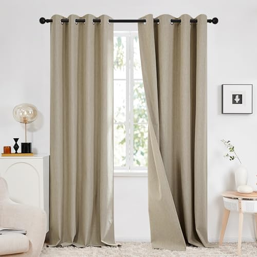 Deconovo 100% Blackout Faux Linen Curtains, Double-Sided, Thermal Insulated, Noise-Reducing, Eyelet Curtains for Bedroom & Living Room - 2 Panels (Taupe 66x90)