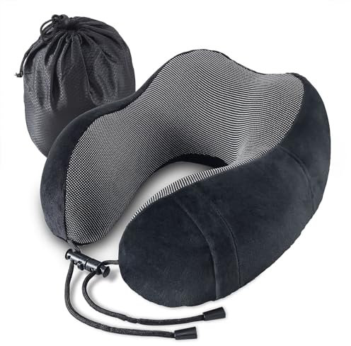 Emwel Nackenkissen Flugzeug, Reisekissen Memory Foam, Ergonomisch Gestaltetes Nackenhörnchen, Nackenkissen Reise, Reise Gadgets,Ideal für Reisen, Flugzeug, Auto, Büro-Black