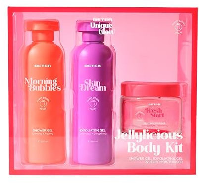 Beter - Set Cuidado Corporal Jellylicious Body, Set de Ducha 3 Piezas con Gel de Baño, Exfoliante Corporal y Gelatina Hidratante, Aroma de Melocotón, Ideal para Revitalizar la Piel, Set Regalo