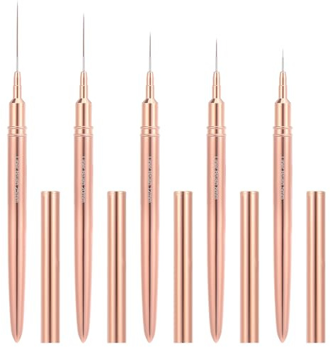 Nynkyon 5 PCS Nail Art Brush, Painting Nail Brushes for Gel Nails, Nail Stuff Drawing Tool Set with Aluminum Handle for Pulling Lines, Nail Art Design, Gold, Size 5/8/12/20/25mm