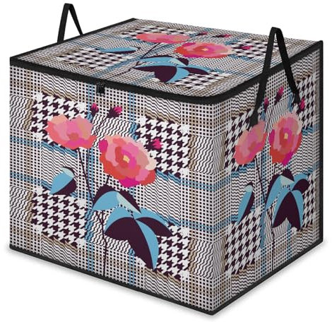Große Aufbewahrungsbeutel mit Rosen-Plaids-Druck, mit Reißverschlüssen und Griffen, rote Rose, faltbare Aufbewahrungsbox, Behälter, Umzug, Organisation, Decke, Kleidung, Behälter, Heimdekoration