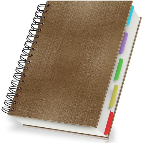 Yarotm A5 Quaderno Spirale - Block Notes A5 Quadretti 5mm con Copertina Rigida con 120 Fogli in Carta Crema 100GSM - Quadernino Piccolo con Divisori a 5 Sezioni per Diario, Marrone