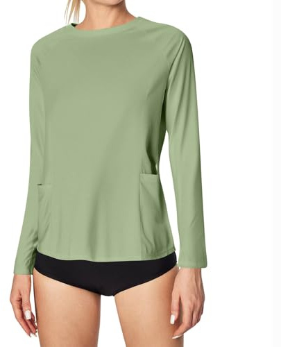 Dmmtot Camiseta de protección para mujer, para exteriores, protección UV UPF 50+, protección UV, con bolsillos, ajuste seco, para senderismo, playa, natación, correr, talla S-XXL, verde menta, XL