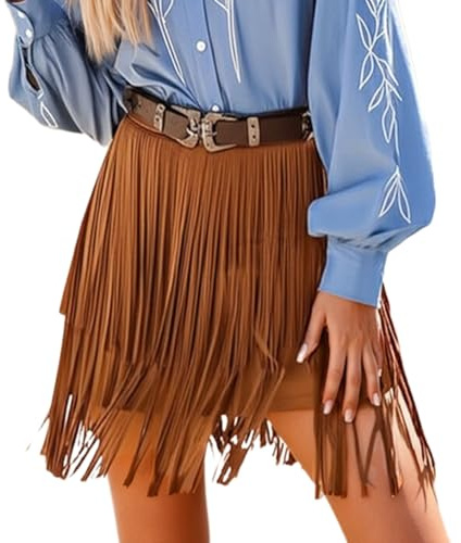 Western Cowgirl Fringed Skirt for Ladies Two-Layer Tassel Skirt Faux Suede Skirts Rodeo Attire High Waist Mini Length, Sexy A-Line Cut Skirts for Rave Events Brown