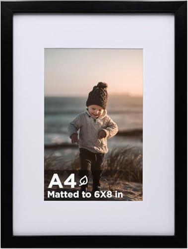 KINLINK A4 Frame Black, Wooden 8.3 x 11.7 Frame with Plexiglass for A5 Picture with Mat or A4 Without Mat, a4 Picture Frame for Wall and Tabletop Display Diploma Certificate Degree