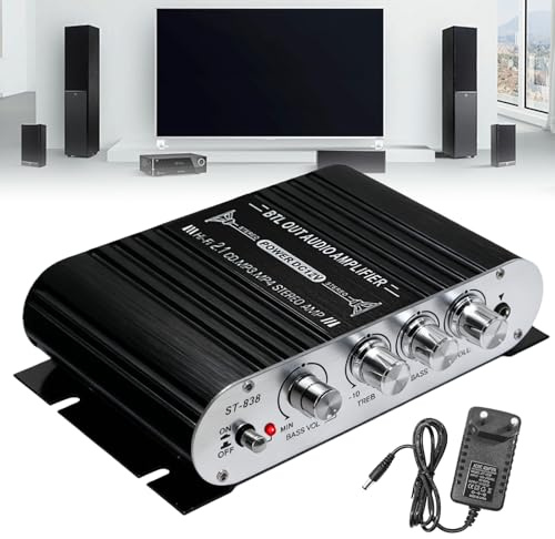 Amplificador de audio HiFi RMS 20 Wx2+40 W ST-838 Mini Hifi Amplificador con salida de subwoofer Clase D, amplificador estéreo clase D 2.1 Canal con AUX para el hogar, altavoz de coche (incluye