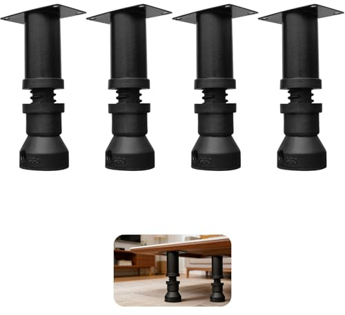 Mythlon 4 Pcs Pieds De Meubles Réglables 115-155mm Noir, Pieds De Lit Canapé Armoire en Acier Carbone + ABS, Hauteur Ajustable Charge Lourde 150kg, Pied De Table Cuisine Anti-Humidité avec Vis