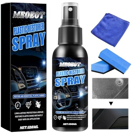 Meoeot Renovador de Plástico Auto, 120ml Extra Fuerte Spray Renovador de Plástico, Limpia y Cura Plástico Goma Cuero, Previene Envejecimiento Prematuro, Impermeable, Protección UV