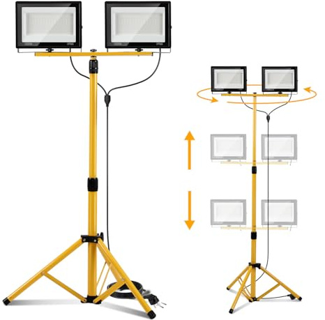 Lampada da Lavoro LED con Stativo, 2 Faretti da 100W Ultra Luminosi, 10000 lm, Luce Fredda 6500K, Cavalletto Regolabile 60–170 cm, IP66, Proiettore da Cantiere per Interni ed Esterni